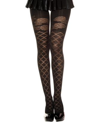 Collant semi opaque noir effet croisillons et fleurs 